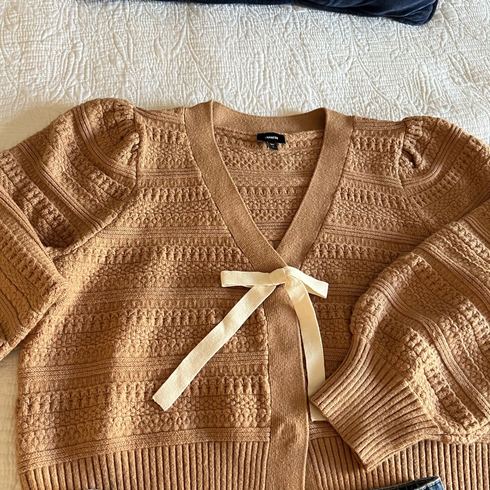 Express Tan Cardigan with Cream Bow